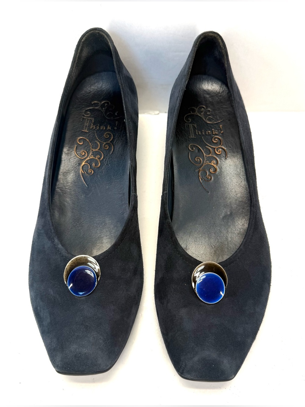 Think! Navy Blue Suede Low wedge Heel Flats with Blue jewel Accent size 10 - Picture 6 of 16